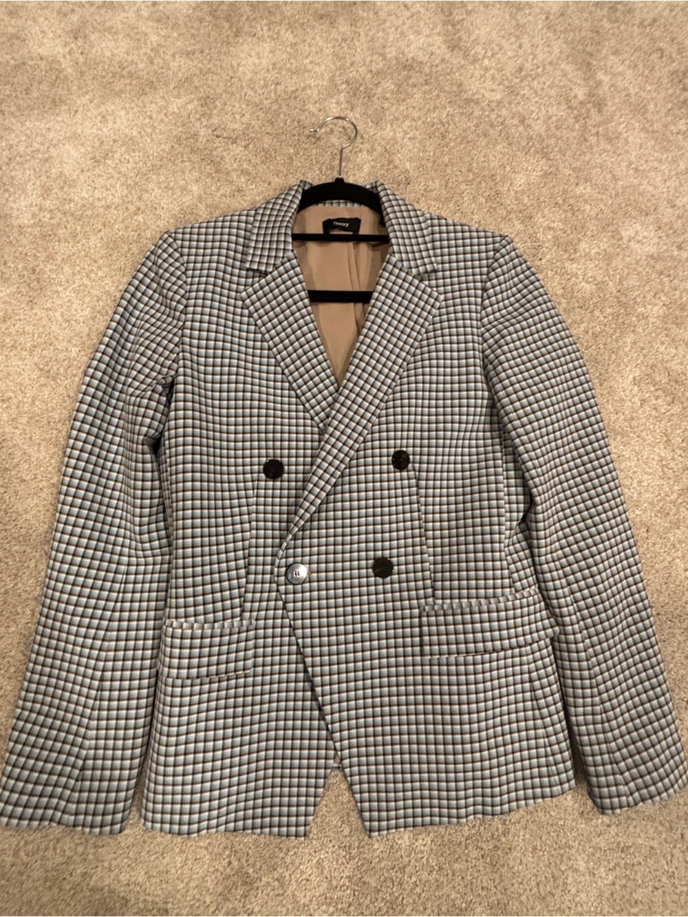 Theory Black and White Checked Double-Breasted Blazer